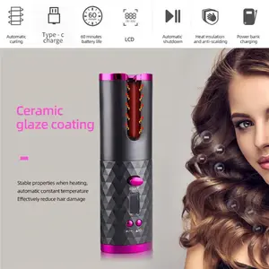 Cordless Hair Curler, Portable Automatic Curling Iron, Professional Anti-Tangle Wireless Curling Wand for Long & Short Hair Styling Home Travel,Temperature & Timer, LCD Display, USB Cable