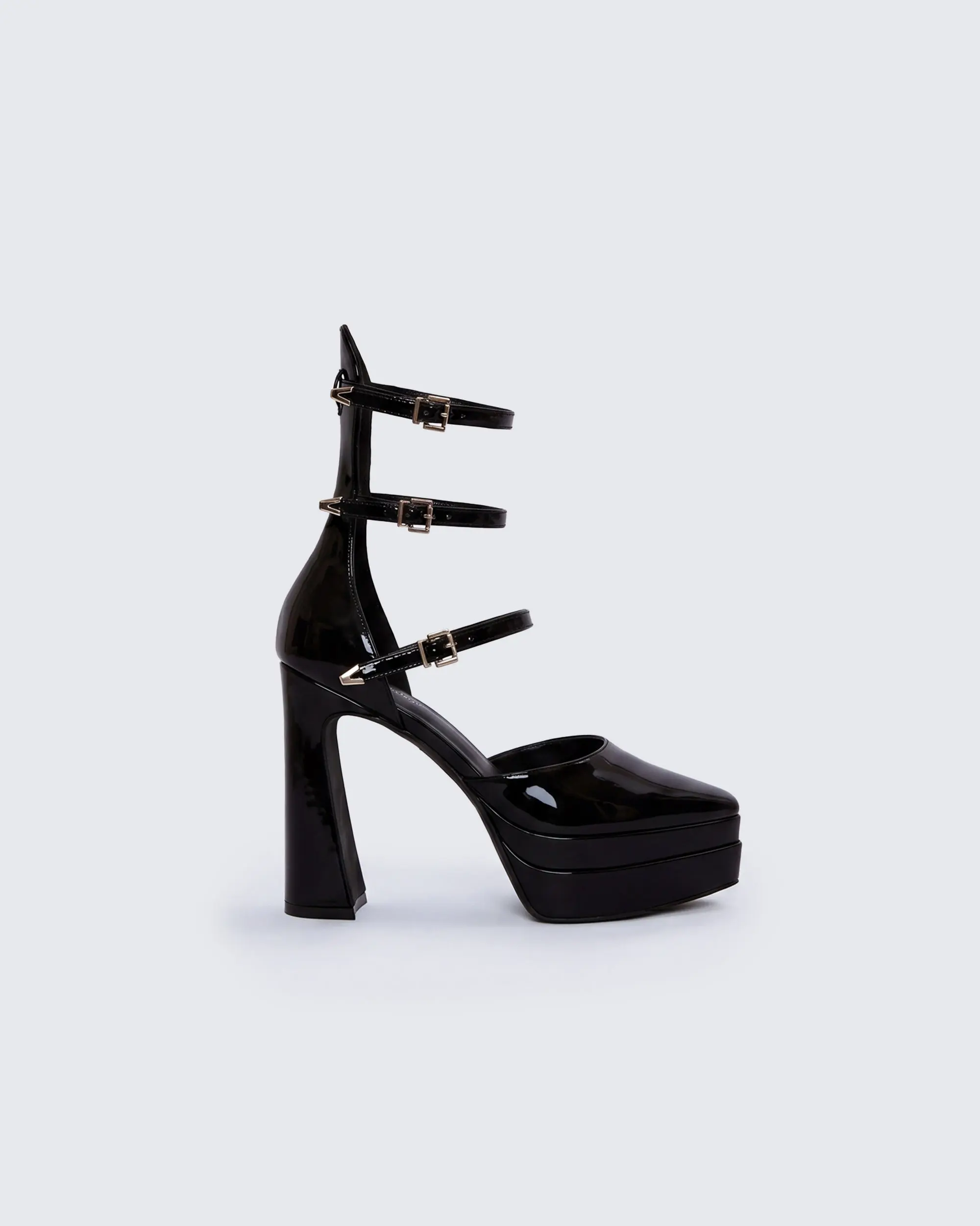 Women's Bernadine Black Synthetic Patent Platforms with Double-Stacked Sole, Pointed Toe Club Wear Footwear with Triple Ankle Straps, High Heel, Fashion, Patent Pu
