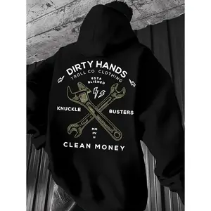 Men's mechanic-inspired graphic Graphic Hoodie - Cotton Blend Black Long Sleeve Pullover Regular Fit | Soft & Breathable Fabric, Durable Print, Everyday Comfort, Machine Washable, urban streetwear industrial backdrop