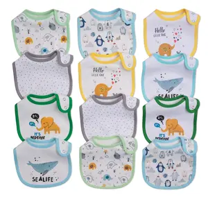 12 Pack Baby Drool Bibs Soft Skin Friendly Cotton Feeding Bibs for Boys Girls Adjustable Snap Closure Waterproof Breathable Teething Feeding Spit Up Protection Easy to Clean Cartoon Dinosaur Animal Prints