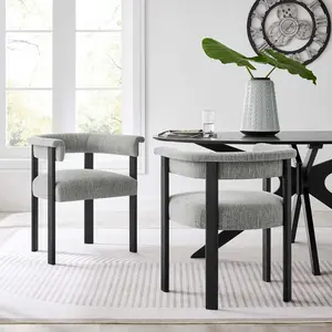 Modway Imogen Woven Heathered Fabric Upholstered Barrel Dining Chairs - Set of 2 in Heathered Weave Gray Black