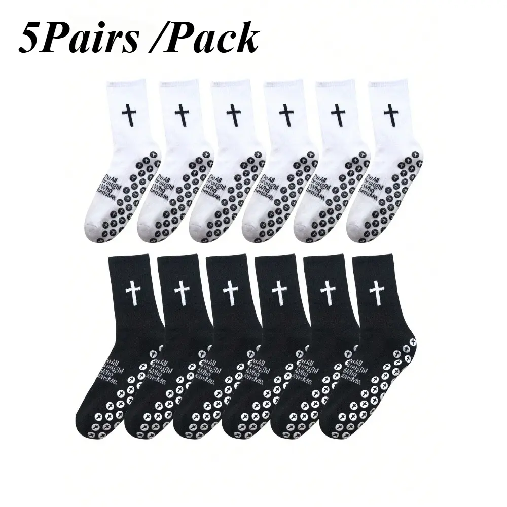 5Pairs Cross & Football Pattern Sports Socks, Yoga/Basketball/Cycling Socks, Non-Slip Grip Socks, Unisex, All Seasons