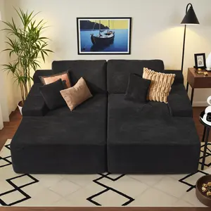 ALTRIGUS Boneless Modular Sectional Sofa Bed Double Recliner with 6 Pillows, Plush Corduroy Sleeper, Big Comfy Black Couch Chaise, No Assembly Required