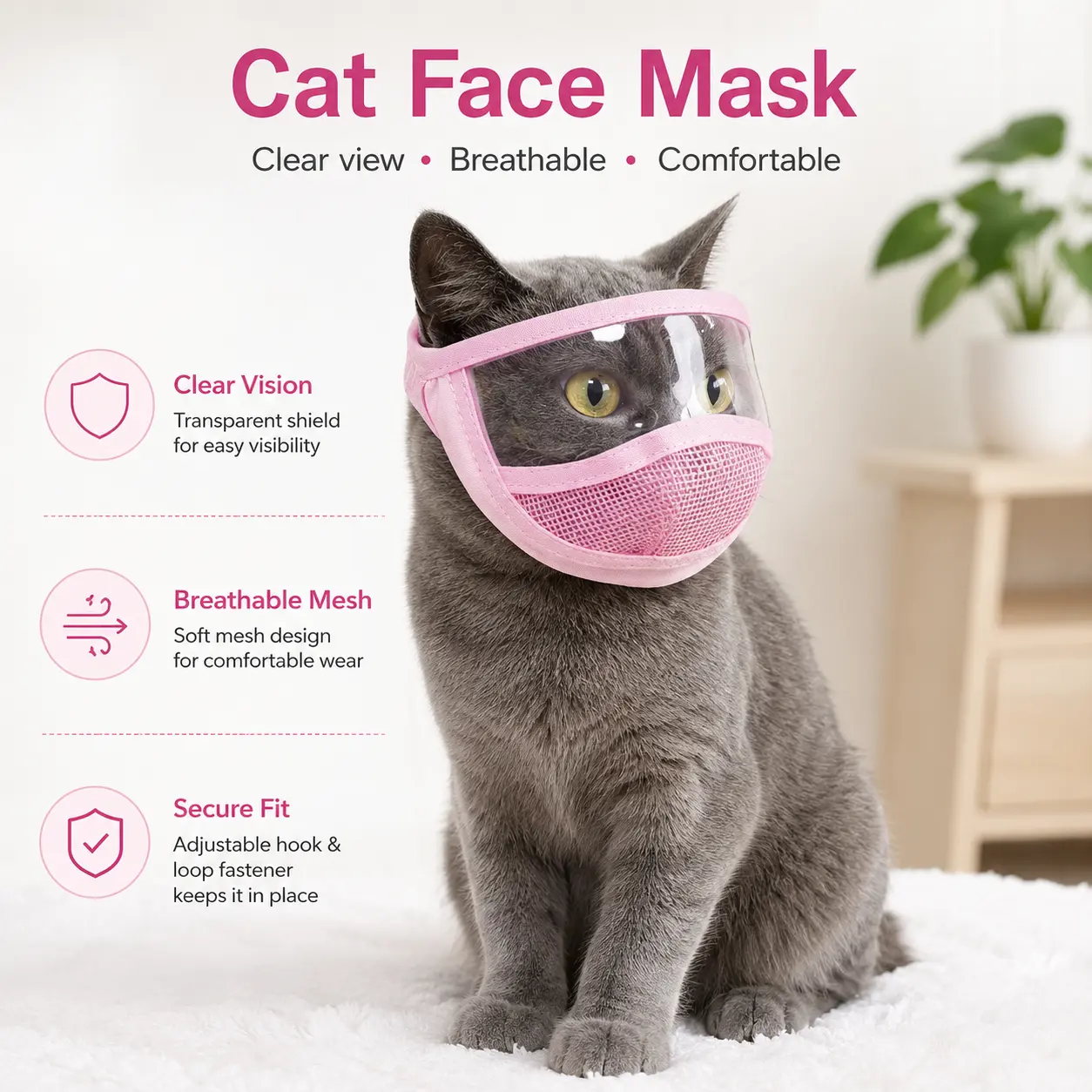 1 Count, pink breathable mesh pet face mask with transparent eye guard, suitable for cats and dogs in outdoor walking and daily outings.
