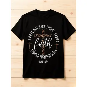 Women's Faith Cross Christmas Gift Graphic Print Crew Neck T-shirt Fitted Casual Top, Soft Fabric, All Seasons Wear
