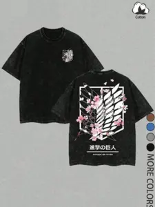 New Washed Anime T-Shirt, Aot Pattern, Short Sleeve Loose Fit Fashion Breathable Drop Shoulder Tee, Front Back Print, Casual Streetwear，Suitable for anime exhibitions, street skateboarding, daily casual commuting, and trendy gatherings.