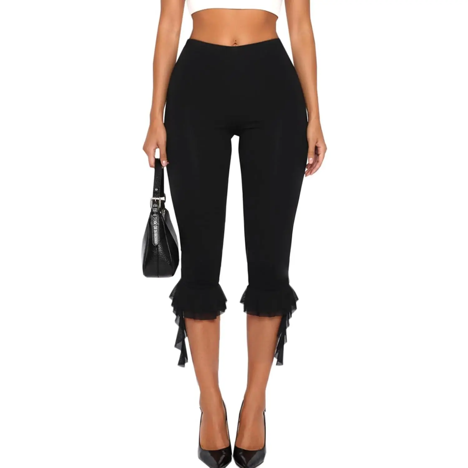 Navneet Women Ruffle Flare Capri Pants Y2K Foldover Leggings Low Waist Cropped Yoga Pants Slim Fit Bell Bottom Capris Soft Stretch Activewear for Pilates Gym Lounge Casual Streetwear Coquette Fairycore Going Out Vacation Outfit
