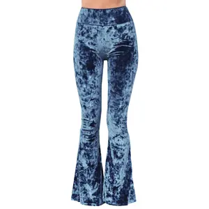 Daisy Del Sol Women’s Crushed Velvet Bell Bottom Flare Stretch High Waisted 70s Hippie Bohemian Festival Halloween Loungewear Forbidden Pants Leggings  - Indigo