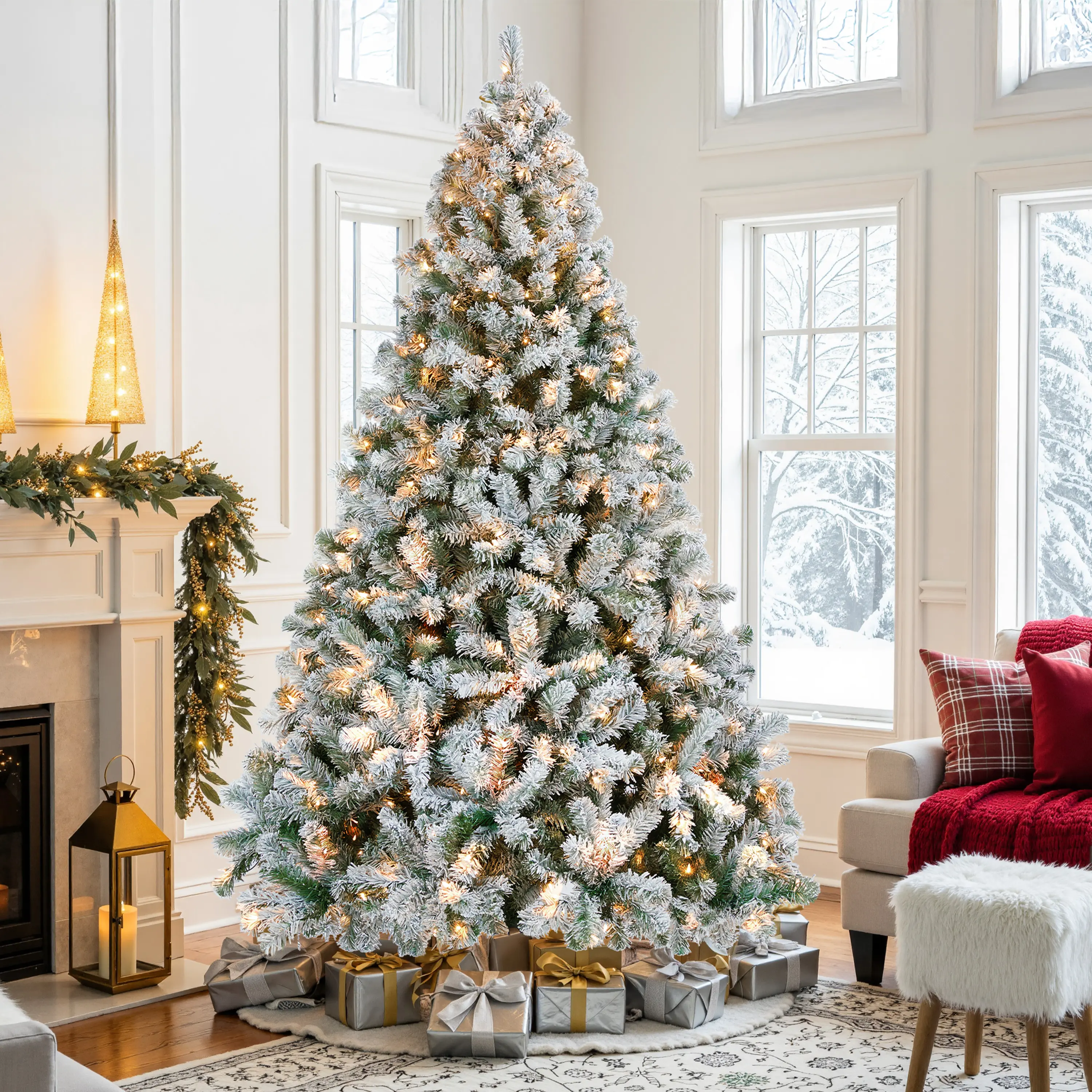 Yaheetech Steel-Metal Protector Snow Flocked Pre-lit Multicolor Light Artificial Christmas Tree, Ideal for Home & Holiday Decor