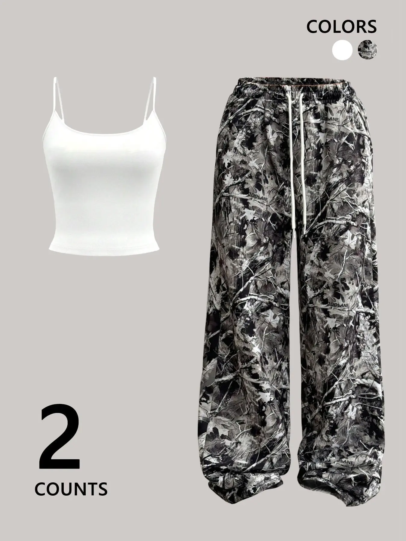 2-Pack Women's Black Spaghetti Strap Cami Crop Top + Monochrome Leaf Camo Pants Outfit, Sleeveless Lounge Set, Slim-Fit Sleeveless + Wide-Leg Bottoms, Coquette Aesthetic, Casual, Comfy, Perfect for #OOTD, #StreetwearVibes