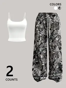 2-Pack Women's Black Cami Crop Top + Monochrome Leaf Camo Pants Outfit | Fitted Slim-Fit Sleeveless + Wide-Leg Bottoms – TikTok Viral Coquette Aesthetic, Moody Nature, Graphic Print, Comfy Relaxed Fit Perfect for #OOTD, #StreetwearVibes, #Y2KRevival