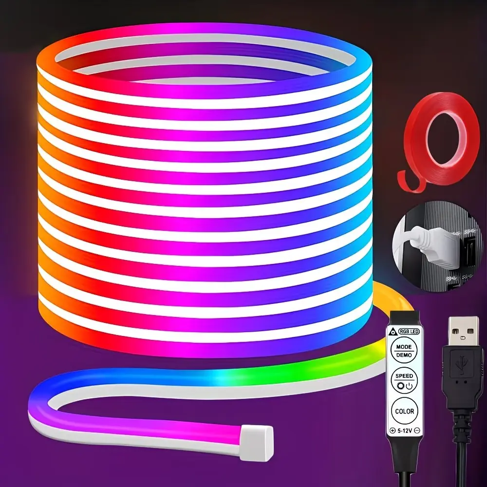 RGB Neon Accent Lights LED Strip Light, Flexible Night Lamp, 3 Button Remote Control, Multi-Color Adjustable Brightness, Dimmable LED Lights, USB Powered, DIY Creative Lighting, RGB Lights, Led Light Strips