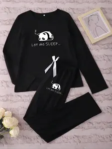 Women's Long Sleeve Sleepwear Set Loungewear Cartoon Panda Print, Casual Fitted Pajamas Pjs for Spring & Fall, Comfortable Knit Fabric