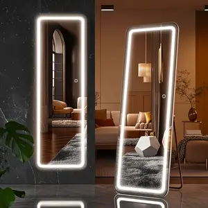 FathersDayGifts 64"x21" Full Length LED Mirror with Stand  Dimmable 3-Color Lights  Shatterproof Glass, Aluminum Frame Modern Bedroom Decor  Vanity Lighting
