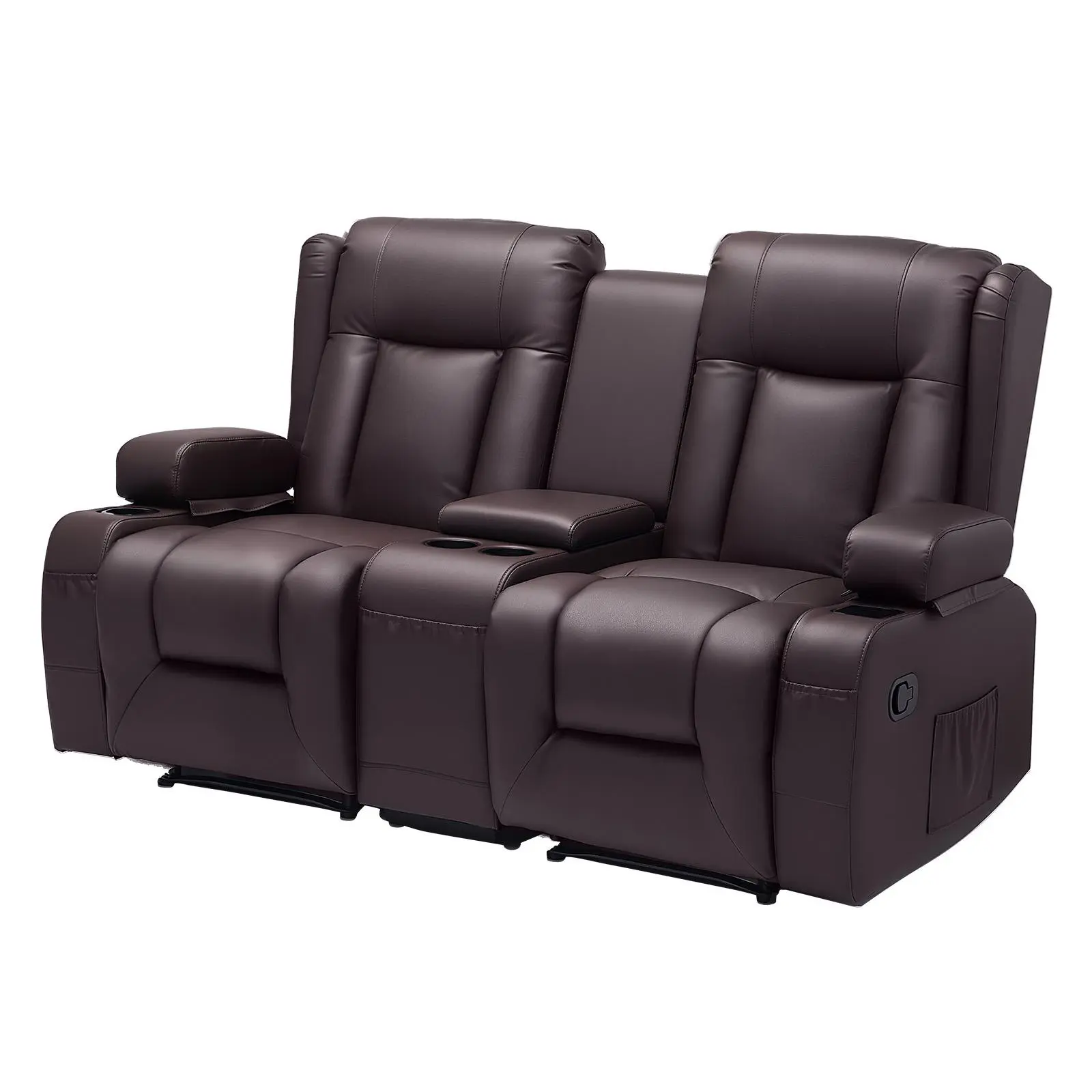 【SummerFinds】VEVOR Loveseat Recliner Sofa, Manual Reclining Couch with Center Console, PU Faux Leather Recliner Sofa with USB Ports, Cup Holders and Storage Bags, Dual Loveseat Chair for Living Room/RV, Brown