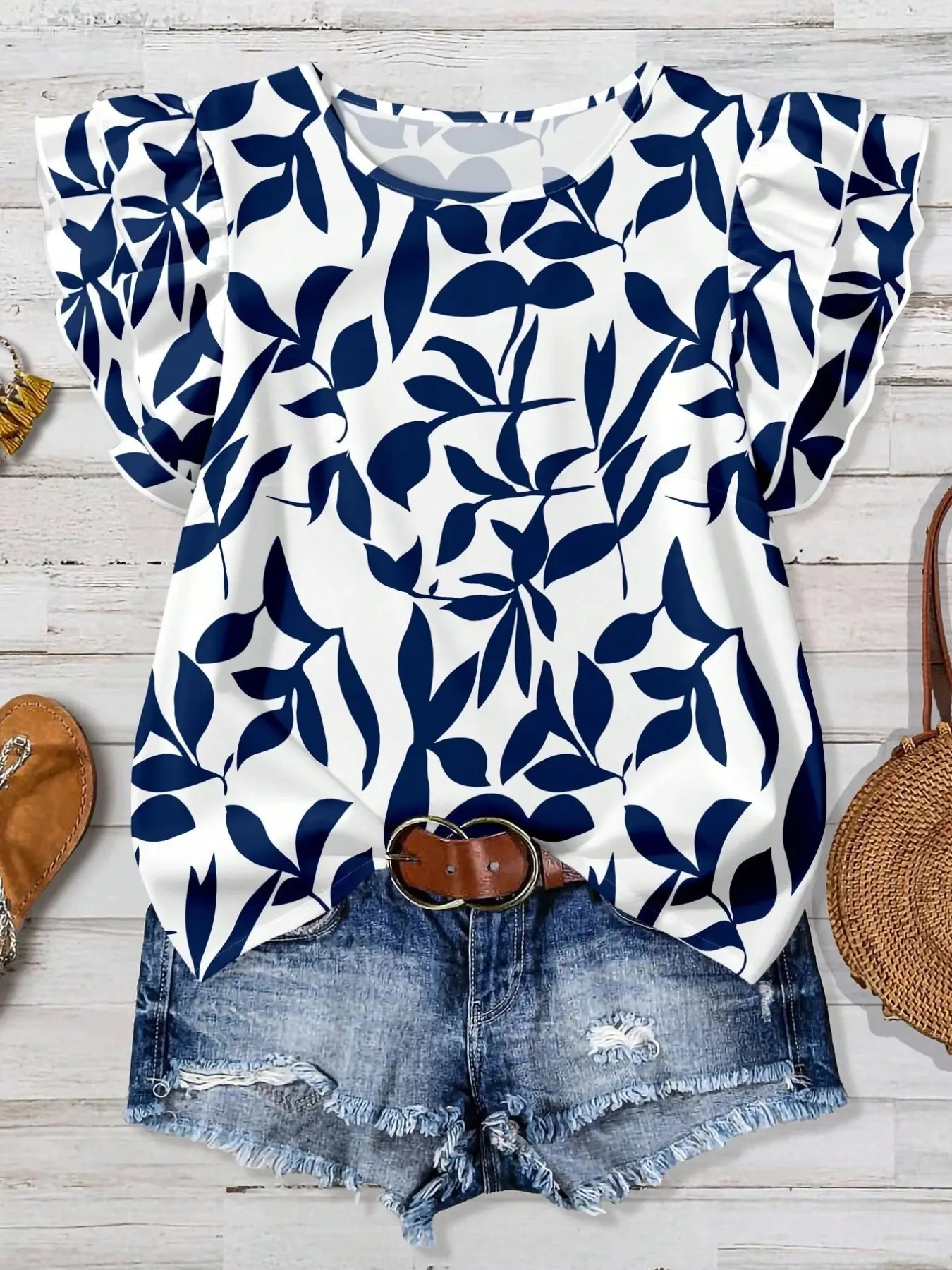 Women's Blue Leaf Print Short Sleeve Ruffle Shirt Blouse, Casual Minimalist Design, Perfect for Spring & Summer, Vacation Wear, Versatile Occasions