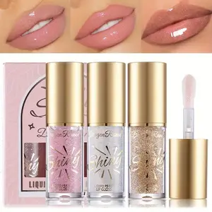 3piece Shining Lip Glossy Set Glaze Sequins Moisturizing Fine Lip Tint Glitter Primer Makeup Lipstick With Large Brush Head Pearlescent Oil Cosmetic