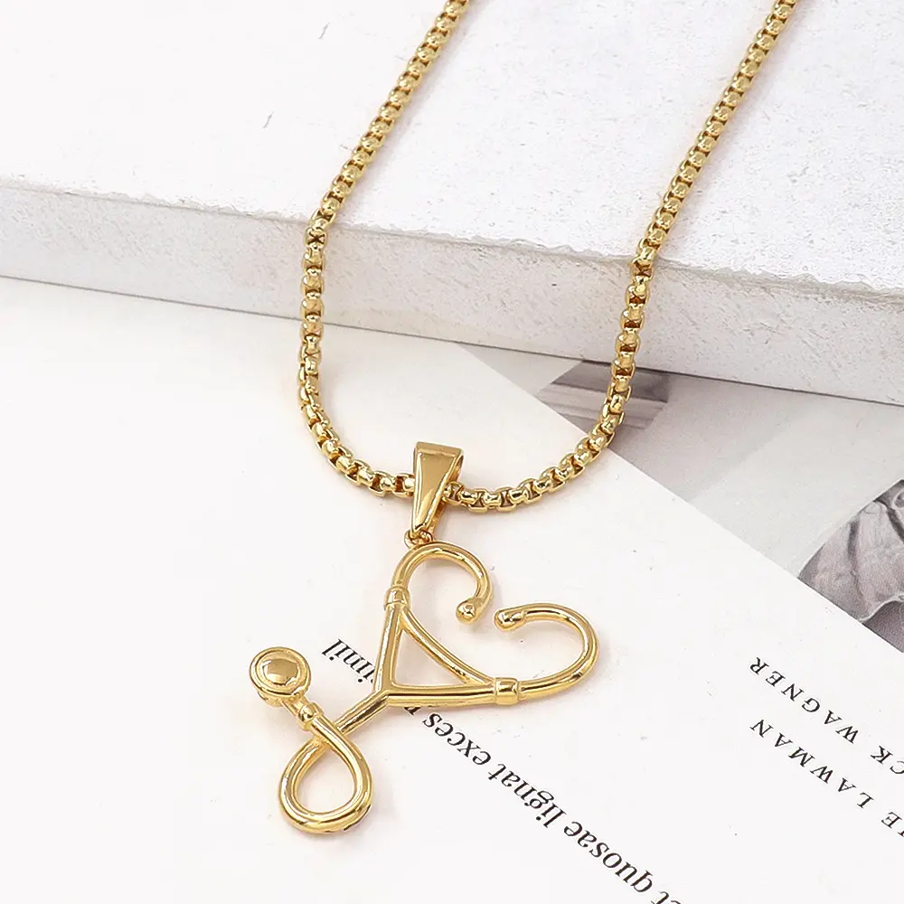 Elegant Colorfast Bright Gold/Silver Tone Stethoscope Heart Pendant Necklace - Waterproof Stainless Steel, Box Chain Design, Metal Coating, Casual Daily Wear for Commuting, Bright Gold Tone, Colorfast Bright Gold Tone/Silver Tone