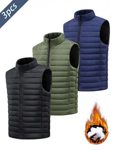 3pcs Autumn Winter New Thick Warm Men's Vest Outdoor Fishing Photography Hiking Leisure Sleeveless Stand Collar Men's Jacket Suitable For Daily Wear Menswear Set