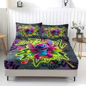 Stitch Street Graffiti Pattern Non Fading Fitted Sheet,Including 1 Bed Sheet and 2 Pillowcases,Comfortable Bedding,Anti Slip Dust Cover Suitable for Teenagers and Adult Bedroom Decoration