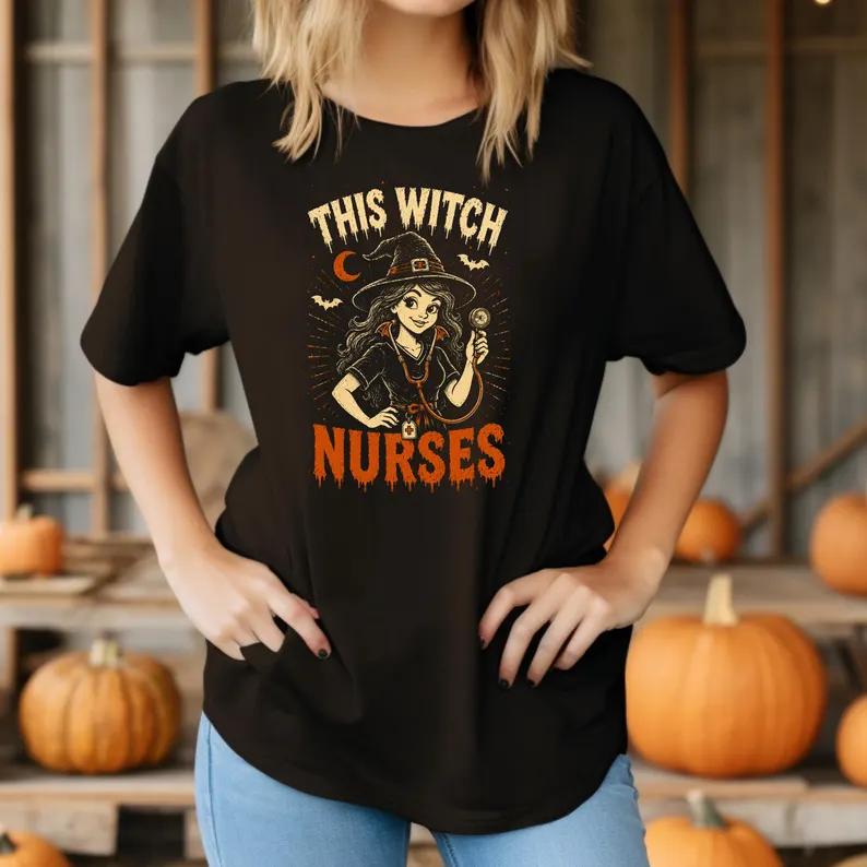 Lady's Plus Size Cotton Nurse Halloween T-Shirt - Women's Crew Neck Short-Sleeve Oversized Top with Witchy Spooky Graphics, Casual Comfortable for Beach & Everyday Wear