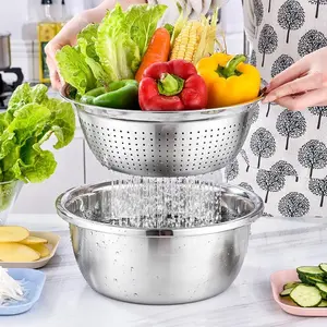 3-In-1 Stainless Steel Multi-Functional Strainer Set, Includes Basin/sieve/cutter, Ideal for Washing Rice Fruits Vegetables Kitchen Essentials