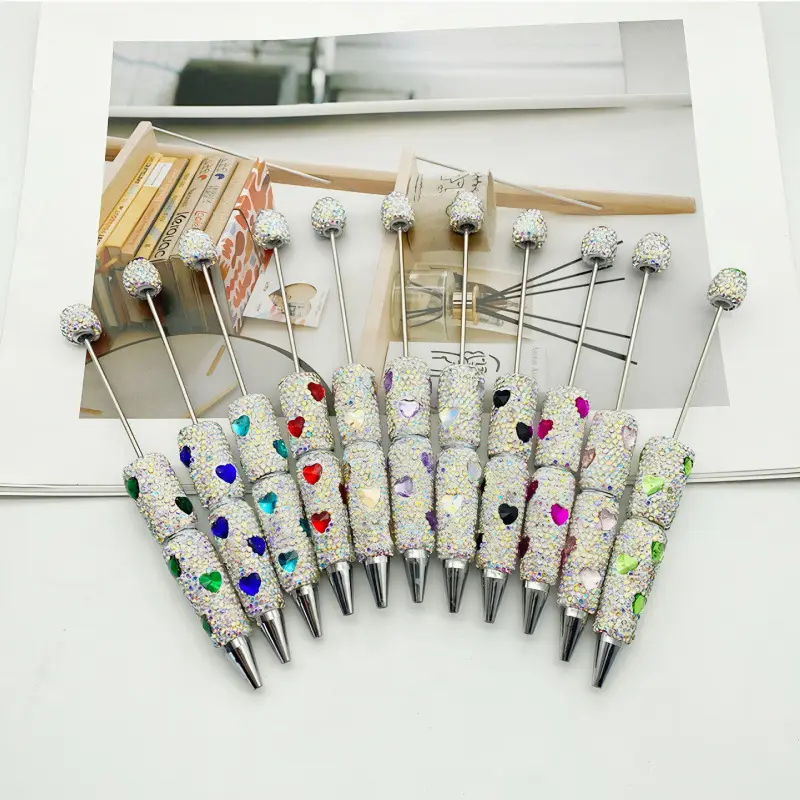 DIY 10PCS Heart Diamond Beaded Pen Set Customizable Peach Heart Diamond Ball Pens Handmade Gift Pens for Personalization