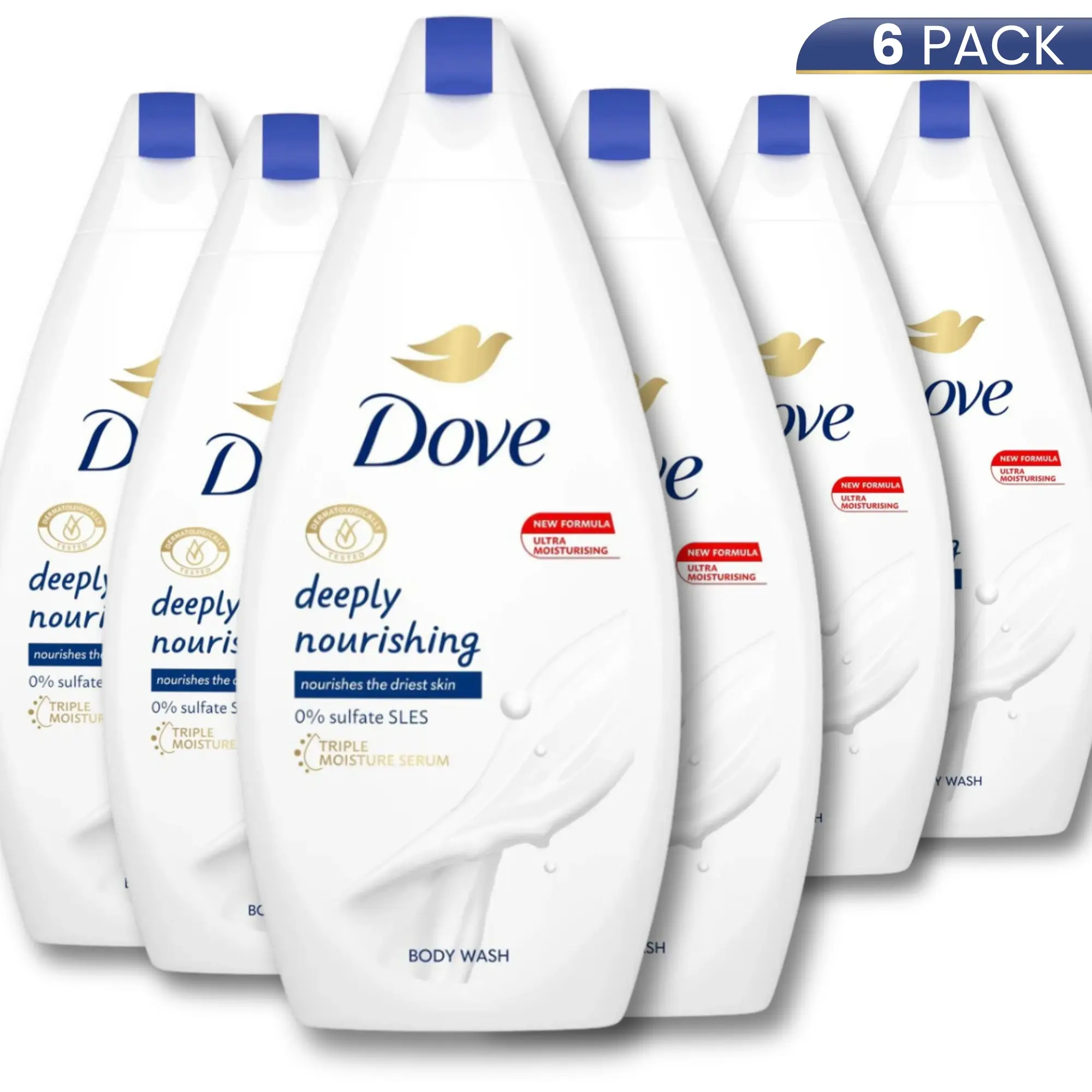 Dove Deeply Nourishing Body Wash, Hydrating Daily Cleanser with 1/4 Moisturizing Cream for Softer Skin, 15.2 oz / 450 ml (6-Pack), Moisturizer, Body Care Products, 450Ml, Glycerin Base, Hydration Boost, Deep Nourish