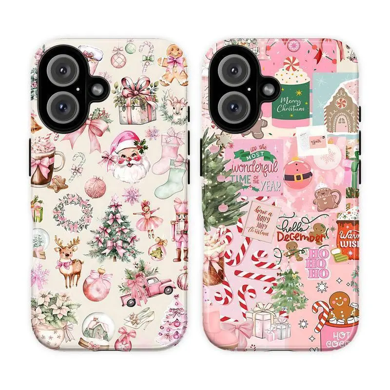 Coquette Pink Christmas Smartphone Case - Shabby Chic Vintage Santa & Pink Truck Cover with Tree Design, Handheld Cellphone Protection for iPhone 11-17 Pro Max, XR-XS & Samsung Devices, Ideal Gift for Her
