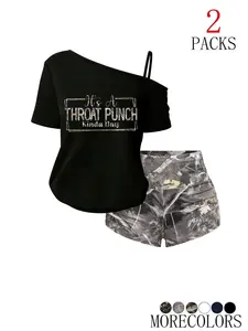 Women's Two-Piece Camo Shorts Set, High-Waisted Slimming Design, Loose Fit Casual Style, Perfect for Spring Summer Fall