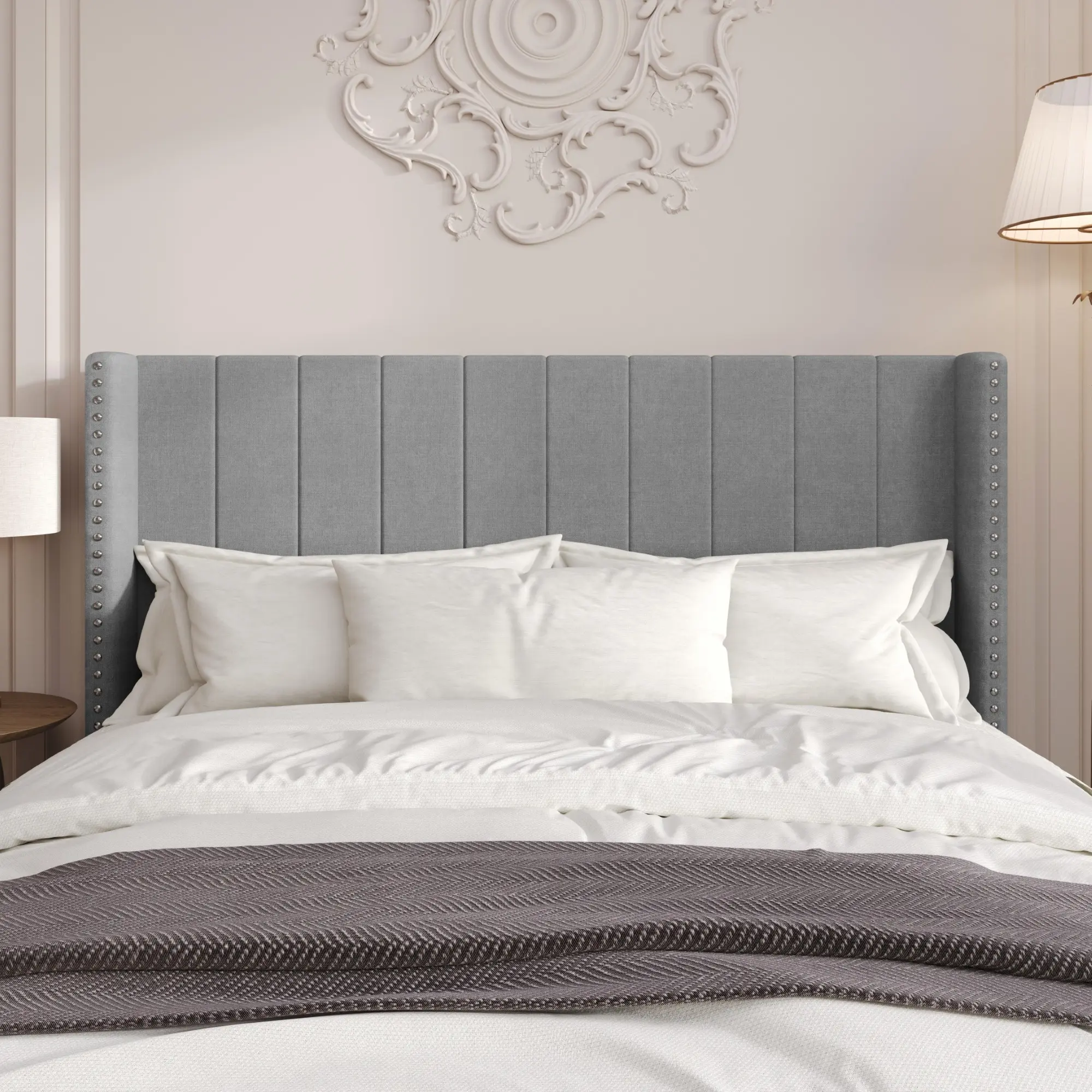 Favorer Ipswich Upholstered Wingback Headboard - Upholstered Headboards for Modern Bedroom, Soft with Nailhead Trim, Modern Vertical Channel Tufting, Easy Multi-Size Assembly Required