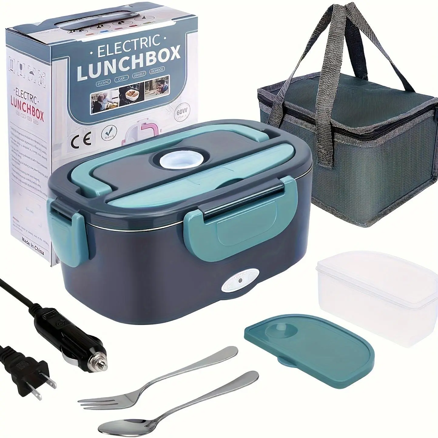 2026 60W Electric Lunch Box, 60.87oz Larger Food Warmer with Self-Heating Function, 12V-24V-110V Portable Heater for Car, Truck, Travel, Leakproof Removable Container with Tableware for Adults