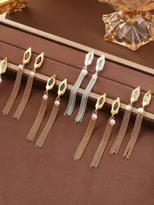 European and American Retro Fringe Pearl Zircon Earrings, Slimming Long Elegant Ear Jewelry, Vintage Style Accessories for Women