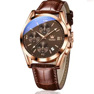 OLEVS Watch OLEVS Men's Chronograph Quartz Watches, Leather Strap Gold Case with Day Date, Waterproof Stainless Steel Wrist Watch, Luminous Hand Analog Watches for Men, Brown/Black/Blue/White Dial