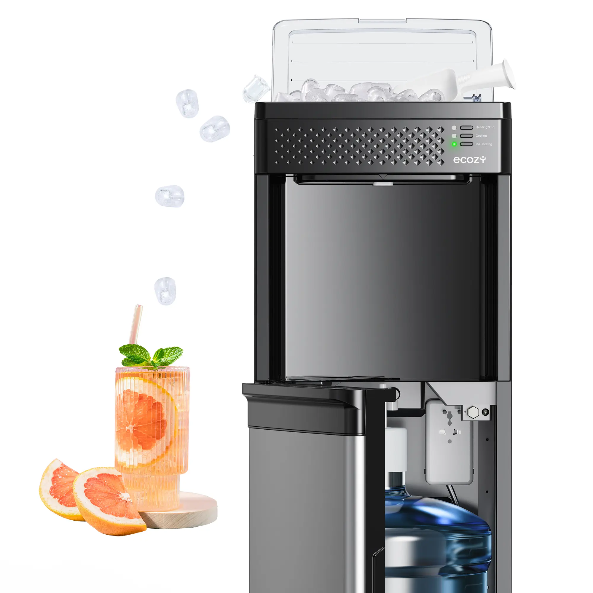 ecozy 4-in-1 Bottom-Loading Water Dispenser with Ice Maker, ECO Mode | Hot & Cold Water Cooler, 33 lbs/Day, Child Lock, Night Light, Fits 3 & 5 Gallon Bottles for Home, Office - Stainless Steel