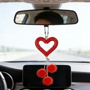 Heart-Shaped Car Pendant Decor, Hollow-Out Design, Plush Ball Charm, Rearview Mirror Decoration, Car Interior Accessories, Car Hanging Decoration, Car Trinkets, Car Interior Ornaments, Car Accessories Cute