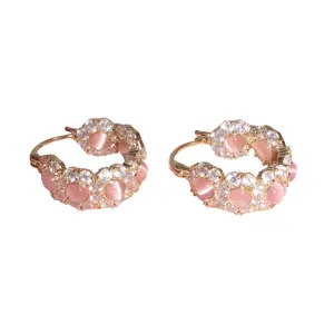 HBEH1019 Retro Gold Hoop Earrings with Pink Gemstones, Dainty Pave CZ Crystal Huggie Hoops, Statement Celestial Jewelry for Girls, Birthstone Style Gifts