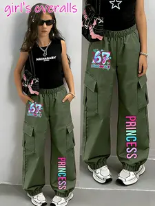 [One piece]Y2K Style Cargo Pants, Colorful Vertical 'princess' Print Girls' Ankle Cuff Pants, Casual Everyday Loose-Fitting All Seasons