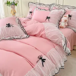 Pink Duvet Cover  Size, Ruffle Beddding Set with Bowtie, 3 count Comforter Cover Set with Zipper Closure, Girl Bedding with Pillowcase - Light Pink,