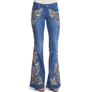 Deep Blue Floral Embroidered Bell Bottom Jeans — Chic women’s casual micro flared denim, sizes S–4XL, machine washable, button closure