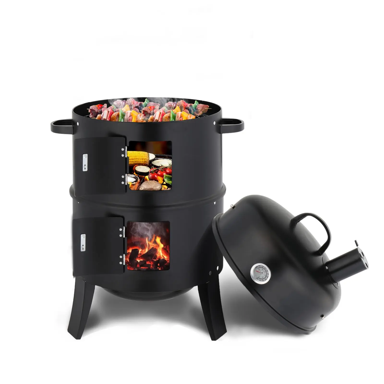 18-Inch Vertical Charcoal Smoker, Compact Round Iron BBQ with Multi-Layer Racks, Built-in Thermometer, and Dedicated Chimney for Outdoor Camping, Barbecue, Backyard, Charcoal And Smokehouse Combo Grill Stoves, Matte Black, Easy To Clean, Vertical Cylinder