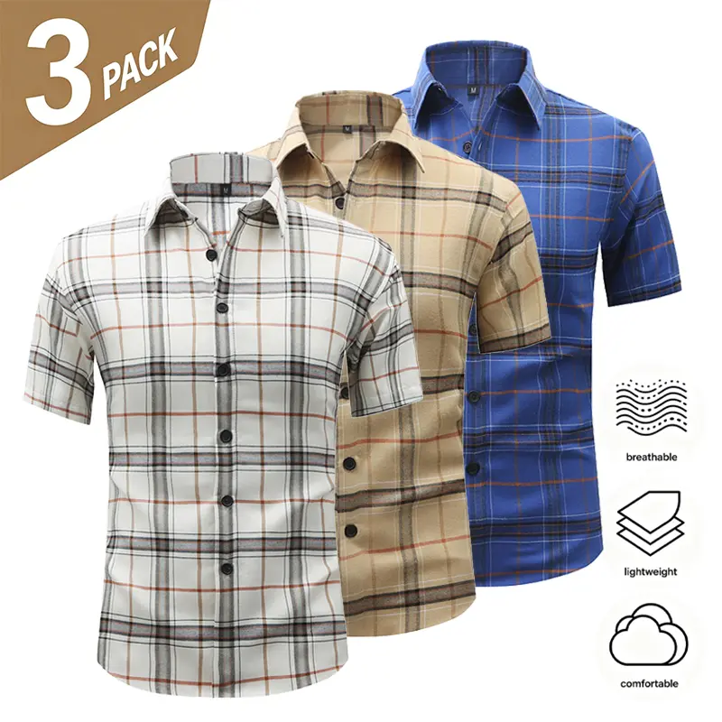 3-Pack Men’s Classic Plaid Short-Sleeve Shirts — Lightweight, Breathable, Vintage Casual, Versatile Turn-Down Collar Checkered Shirts for Summer