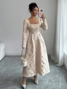 Elegante Vintage Rose Embroidered Square Neck Long Dress, Waist Cinched Skinny Party Date Night Gown, Women's Fashion