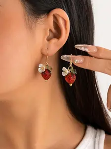 Cute Strawberry Design Dangle Earrings for Women & Girls, Fashion Floral Drop Earrings, Cute Summer Jewelry Accessories, Fruit Veggie Earrings