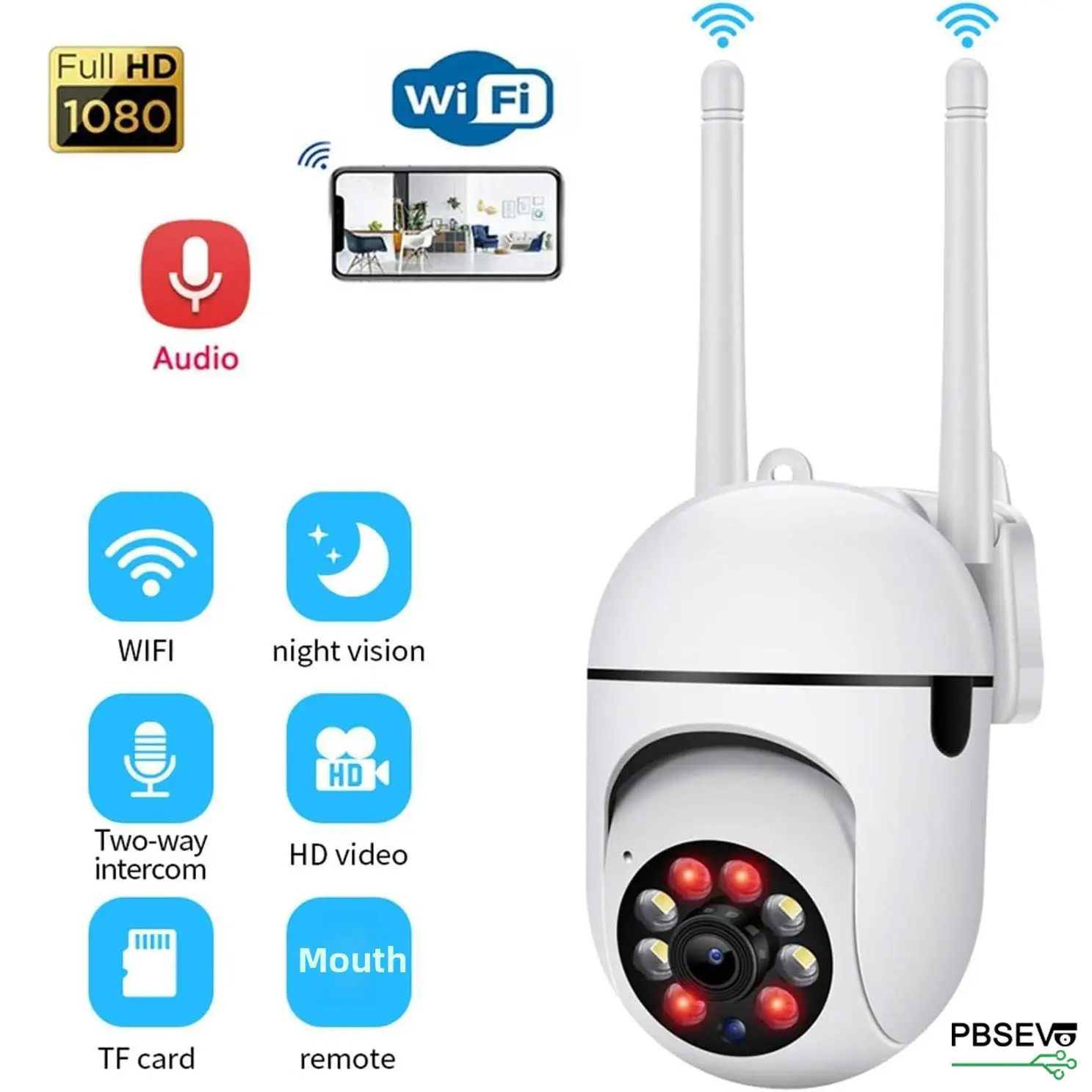 Security Cameras for Home, 1080P HD PTZ WiFi Camera with Color Night Vision, Human Motion Detection, Sound Alert, 2-Way Talk, TF/Cloud Storage PBSEV