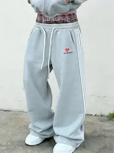 Popular Y2K double-waist plaid patchwork casual pants: 'Los Angeles' heart pattern, side stripes, loose thigh fit, soft street style, comfortable casual for both men and women! ✨ #TikTokFashion #StreetStyle #LoosePants