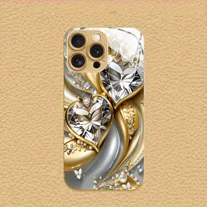 Girls High-End Light Luxury Fashion Elegant Diamond Heart Gold Pattern New Tempered Glass Phone Case for iPhone16/16Plus/16Pro/16Promax15/15Plus/15Pro/15Promax14/14Plus/14Pro/14Promax13/13Pro/13Promax12/12Pro12Promax17/17/17ProMax/X/Xs/Xr/XsMax7/8/7Plus/8