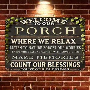 8×12 Inch 1PC 2D Flat Country Iron Cement Metal Sign, Welcome To Our Porch Vintage Wall Mounted Plaque, Waterproof Dustproof No Electricity Needed, Rustic Wall Art for Home Bar Cafe Farmhouse Indoor Outdoor Decor