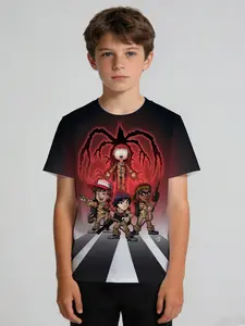 Boys' Summer Creative T-Shirt: Stranger Things IP Q-version, black-red + road texture base, Q hero team + monster print, cartoon TV trendy, soft breathable, casual versatile top/gift