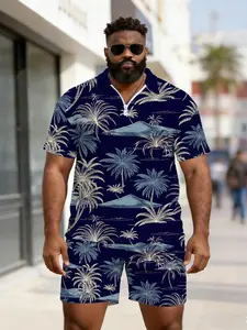 Men's Navy Palm Island Style Polo Set, Loose-Fit Zipper Top, Casual All-Over Print, Summer Breathable Beach Wear, Large Size